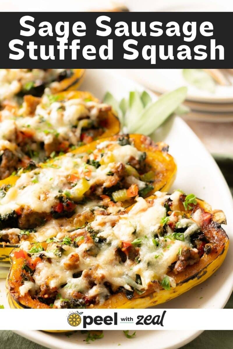 A plate of Sage Sausage Stuffed Delicata Squash filled with vegetables and melted cheese, garnished with herbs. Text at the top reads "Sausage Stuffed Delicata Squash.