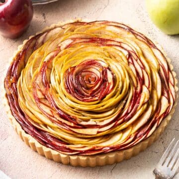 Gluten free Apple tart with apples in a rose pattern.