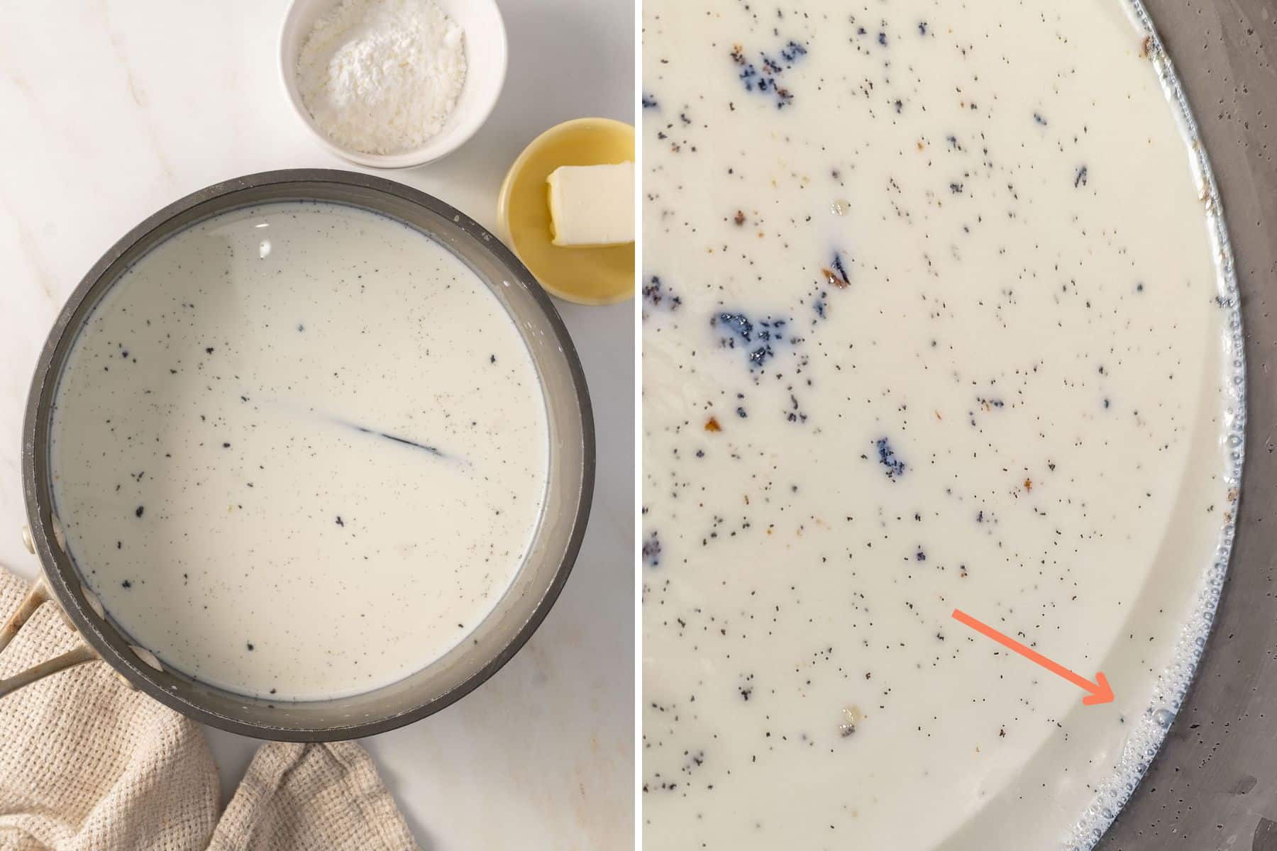 Milk and vanilla coming o a simmer with small bubbles.