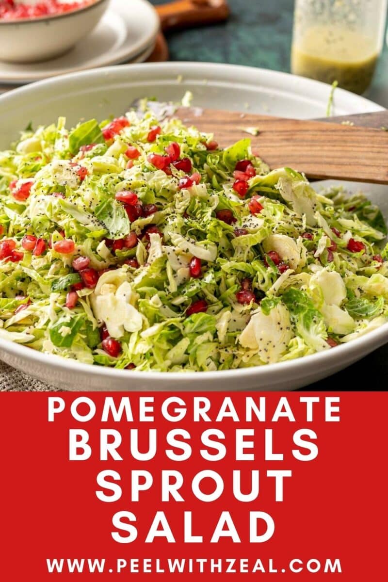 shaved brussels sprout salad with pomegranate in a white serving bowl.