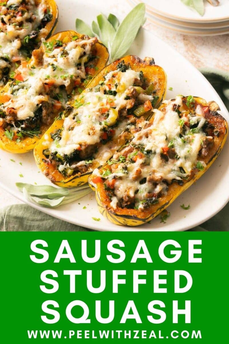 A plate of sausage-stuffed delicata squash halves topped with melted cheese and herbs is displayed. The bottom of the image has a green banner with the text "SAUSAGE STUFFED SQUASH" and a website link.