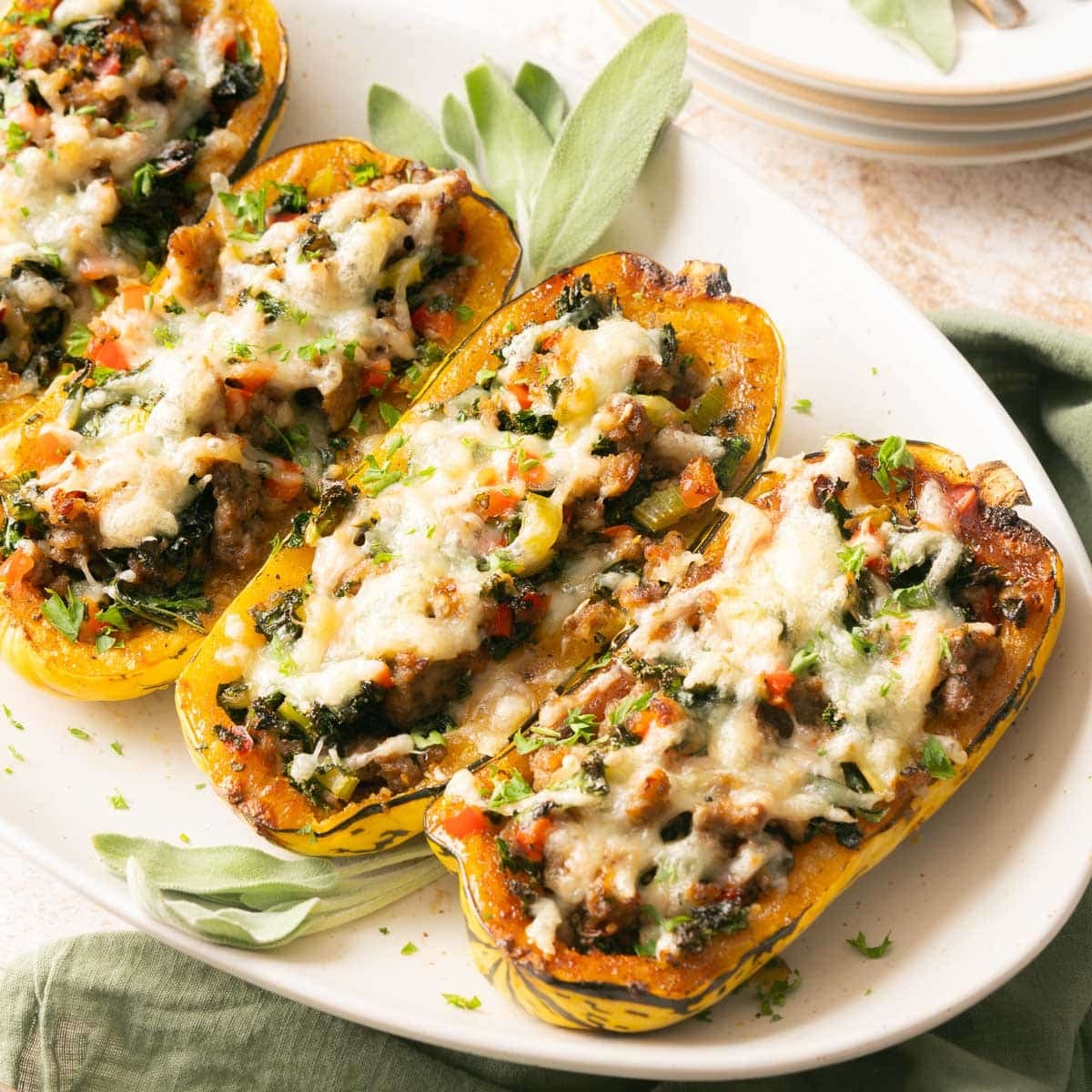 stuffed squash with melted cheese on a plate. 