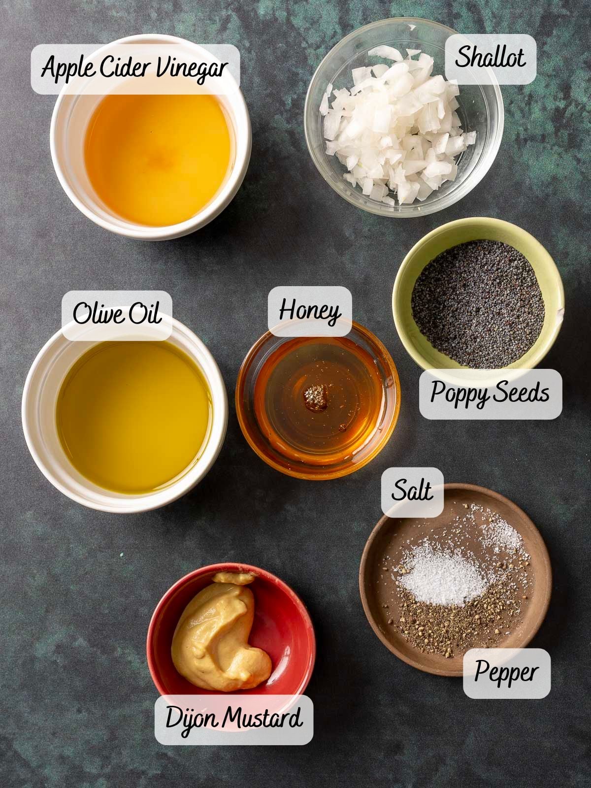 Dressing ingredients on a counter.