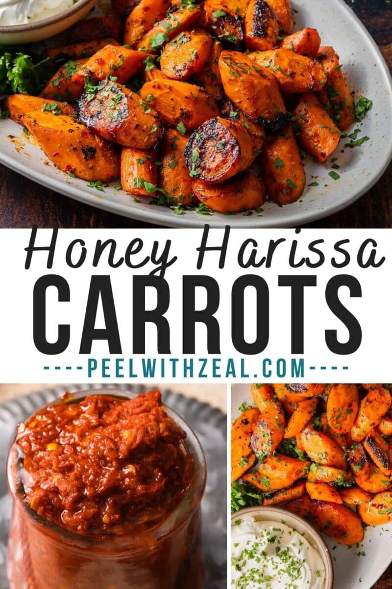 Homemade harissa paste in a jar and a plate of roasted carrots.