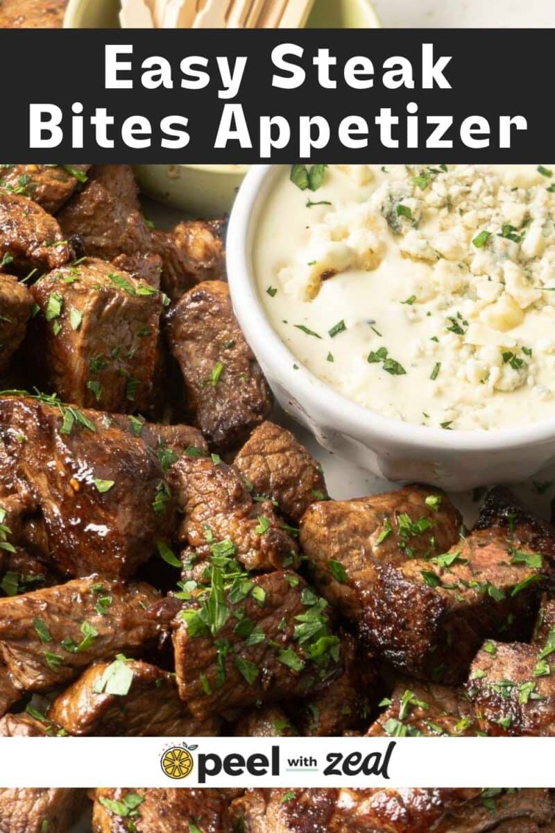 Appetizing steak bites garnished with herbs, served with a creamy dipping sauce, with the text "Easy Steak Bites Appetizer.