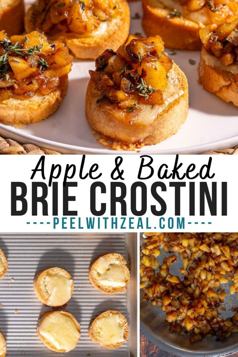 Plate of apple and baked brie crostini, with diced apples in a pan and baked crostini pieces. Text overlay reads "Apple & Baked Brie Crostini.