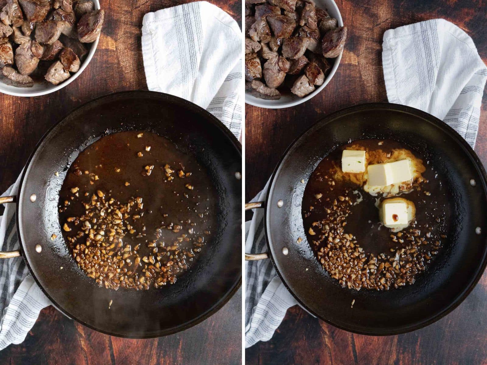 A pan with sautéed garlic and oil, then with added butter. Perfectly cooked steak pieces rest in a separate bowl, ready to be transformed into mouthwatering steak bites.