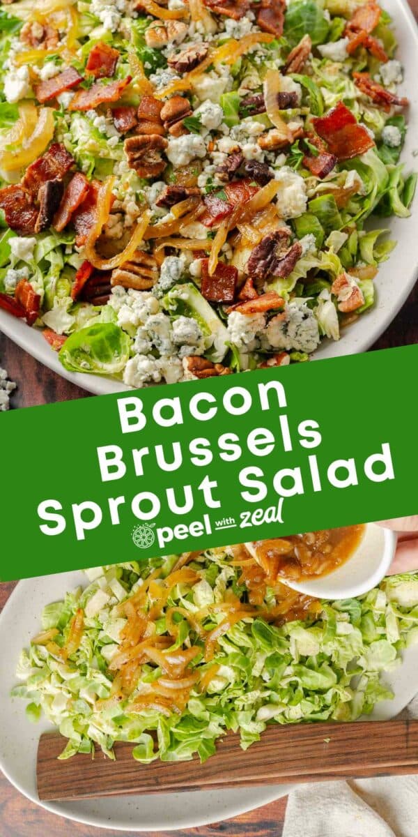 Brussels sprout salad on a cream serving plate.