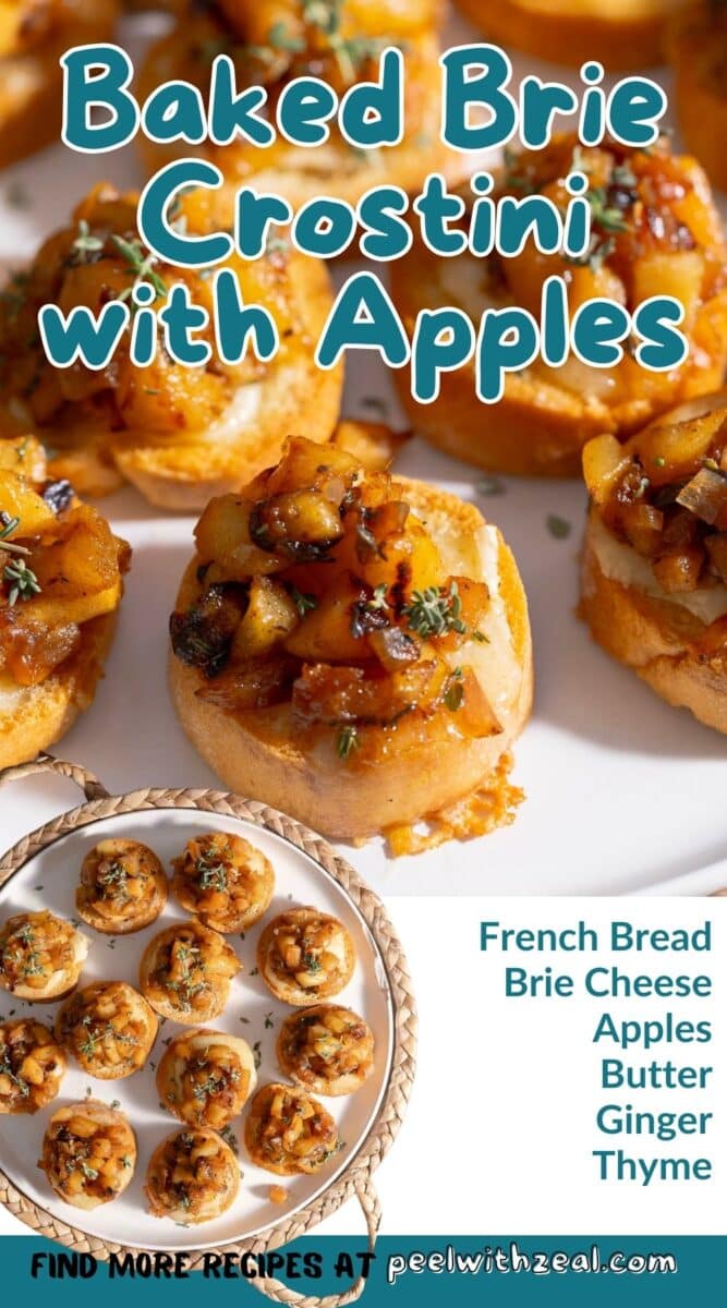 Close-up of baked brie crostini topped with apples, arranged on a plate. Ingredients listed: French bread, brie cheese, apples, butter, ginger, thyme. Website link at the bottom.