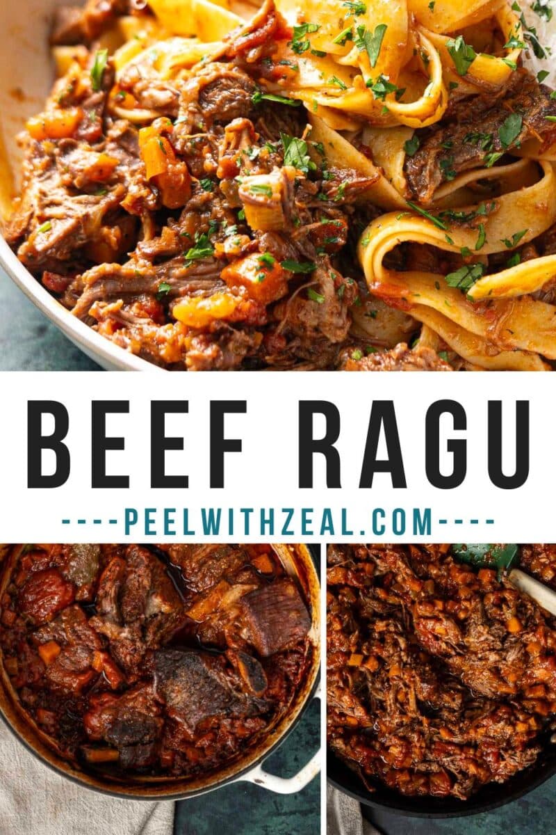 Close-up of braised short rib ragu with pasta, parsley garnish, and a website address "peelwithzeal.com" elegantly overlaid.