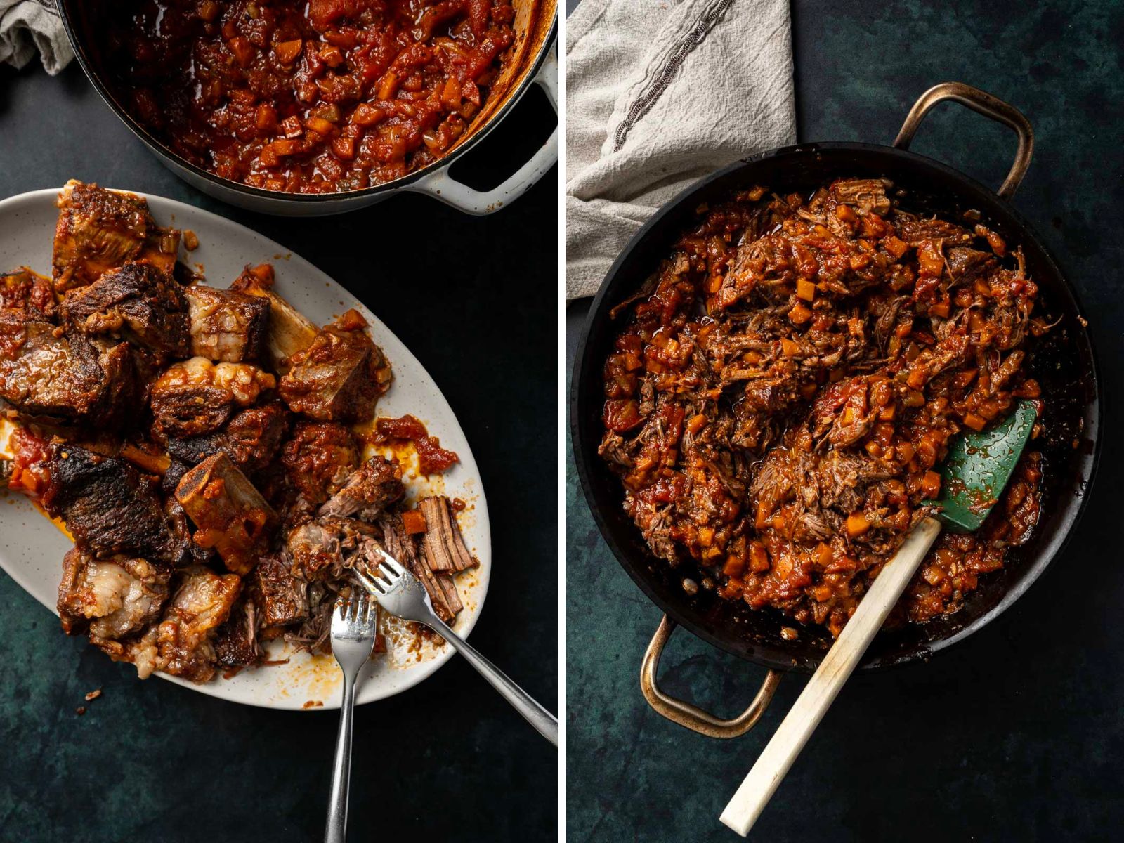 Two images of a beef dish: the left shows tender beef chunks with a tomato-based sauce, and the right displays the same dish shredded in a skillet with a spatula. Napkin partly visible.