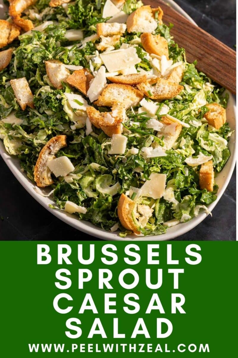 A plate of savory Brussels sprout Caesar salad topped with golden croutons and delicate shaved cheese. A wooden utensil rests beside it, inviting you to indulge. Text reads "Brussels Sprout Caesar Salad www.peelwithzeal.com.