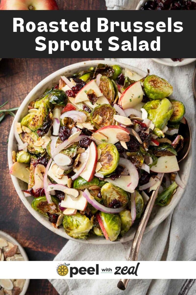 Bowl of roasted Brussels sprout salad with sliced apples, onions, and dried cranberries, placed on a wooden table.