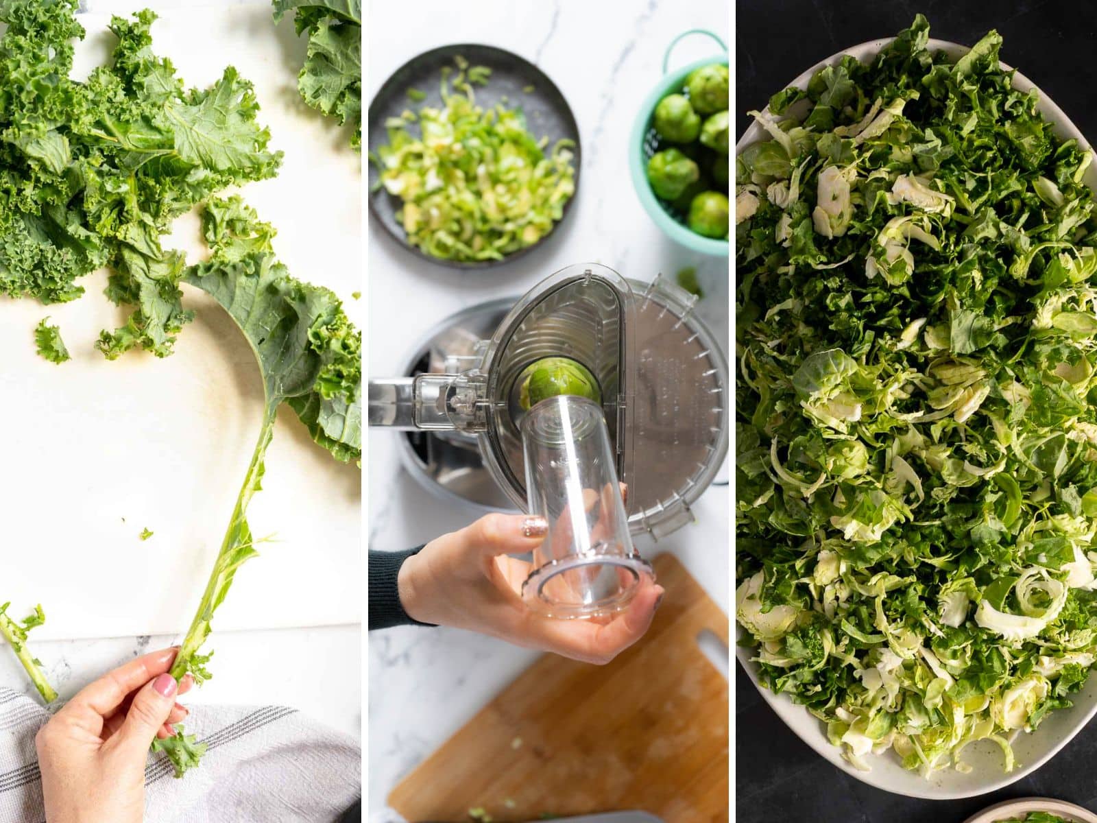Three-panel image: Left, hand ripping kale. Center, juicing a lime. Right, bowl filled with chopped kale and Brussels sprouts, perfect for a refreshing Caesar salad twist.