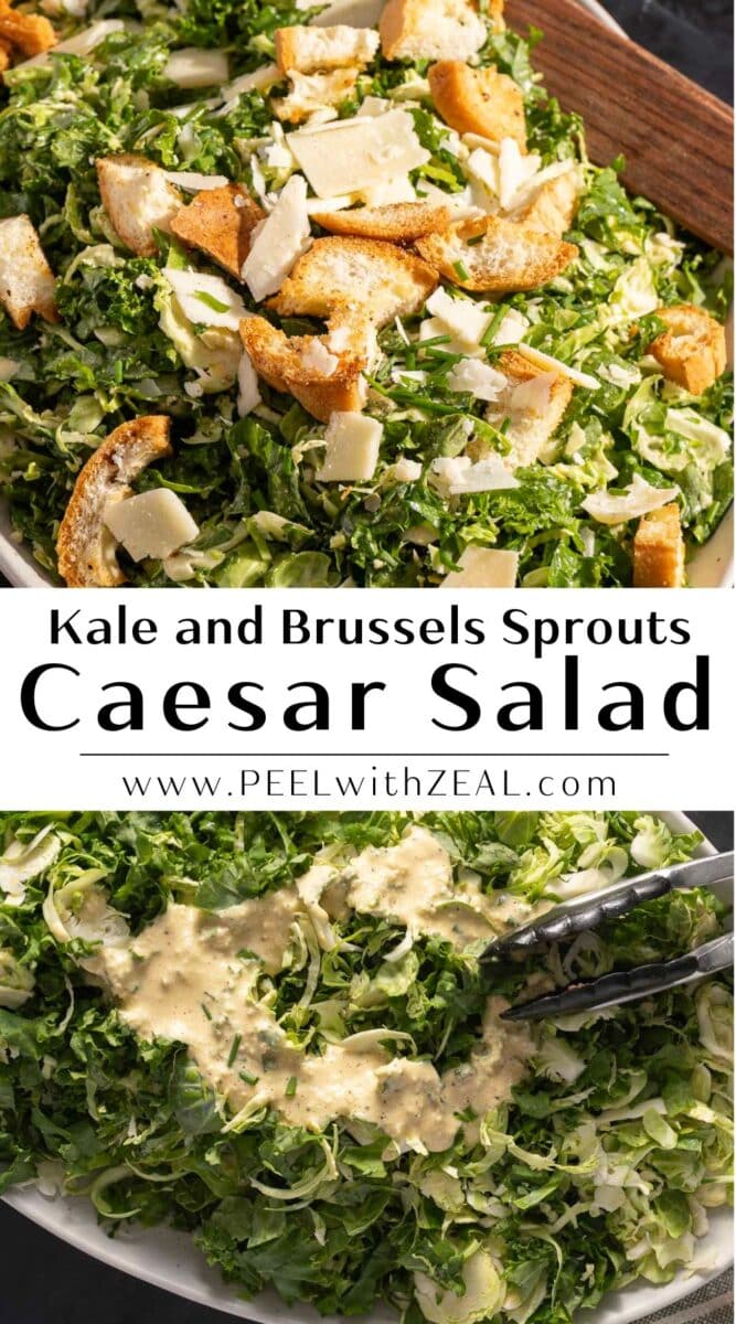 A vibrant Brussels Sprout Caesar Salad with kale, topped with golden croutons and delicate shavings of cheese, is showcased as a rich dressing cascades over the fresh ingredients.