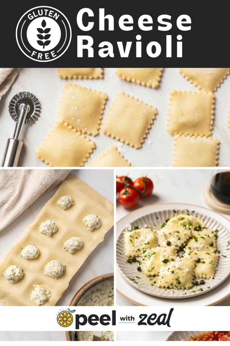 Collage showcasing gluten-free ravioli in various stages: raw dough with filling, uncooked pieces, and a plated dish garnished with herbs. The logo at the bottom proudly states "peel with zeal.