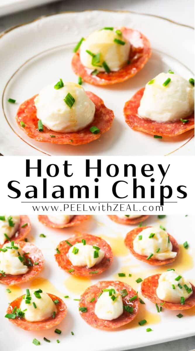 Salami slices topped with cheese balls and chopped chives on a plate, labeled "Hot Honey Salami Chips" with website link.