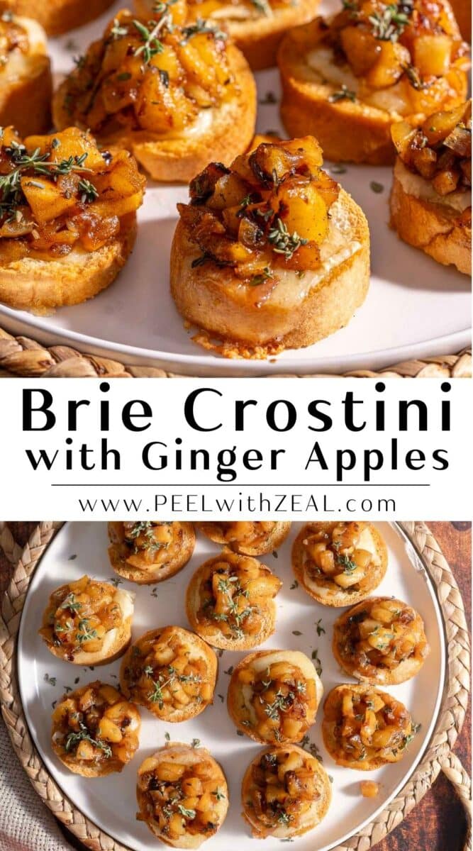 Round crostini topped with brie cheese and ginger apples, garnished with herbs, arranged on a white plate. Text reads "Brie Crostini with Ginger Apples.