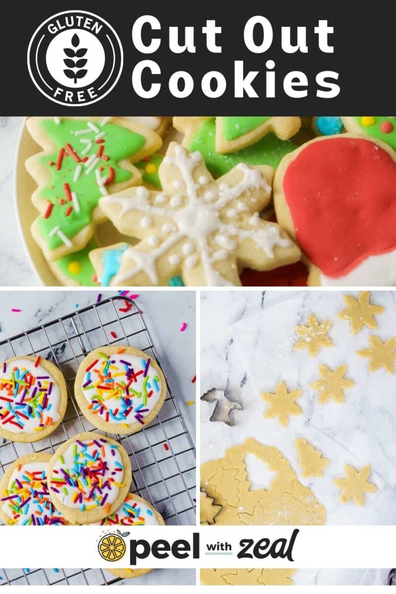 Gluten-free cutout cookies in various shapes and decorations, including Christmas trees, stars, and circles with sprinkles.