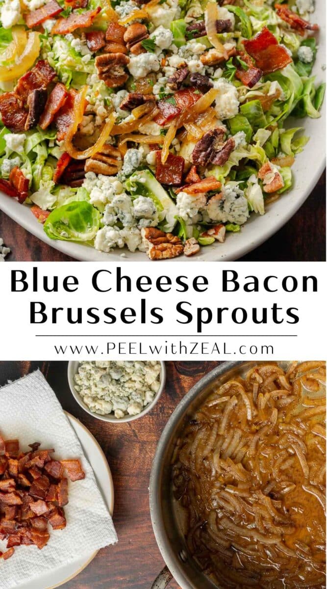 Brussels sprout salad on a cream serving plate with sautéed onions in a pan.