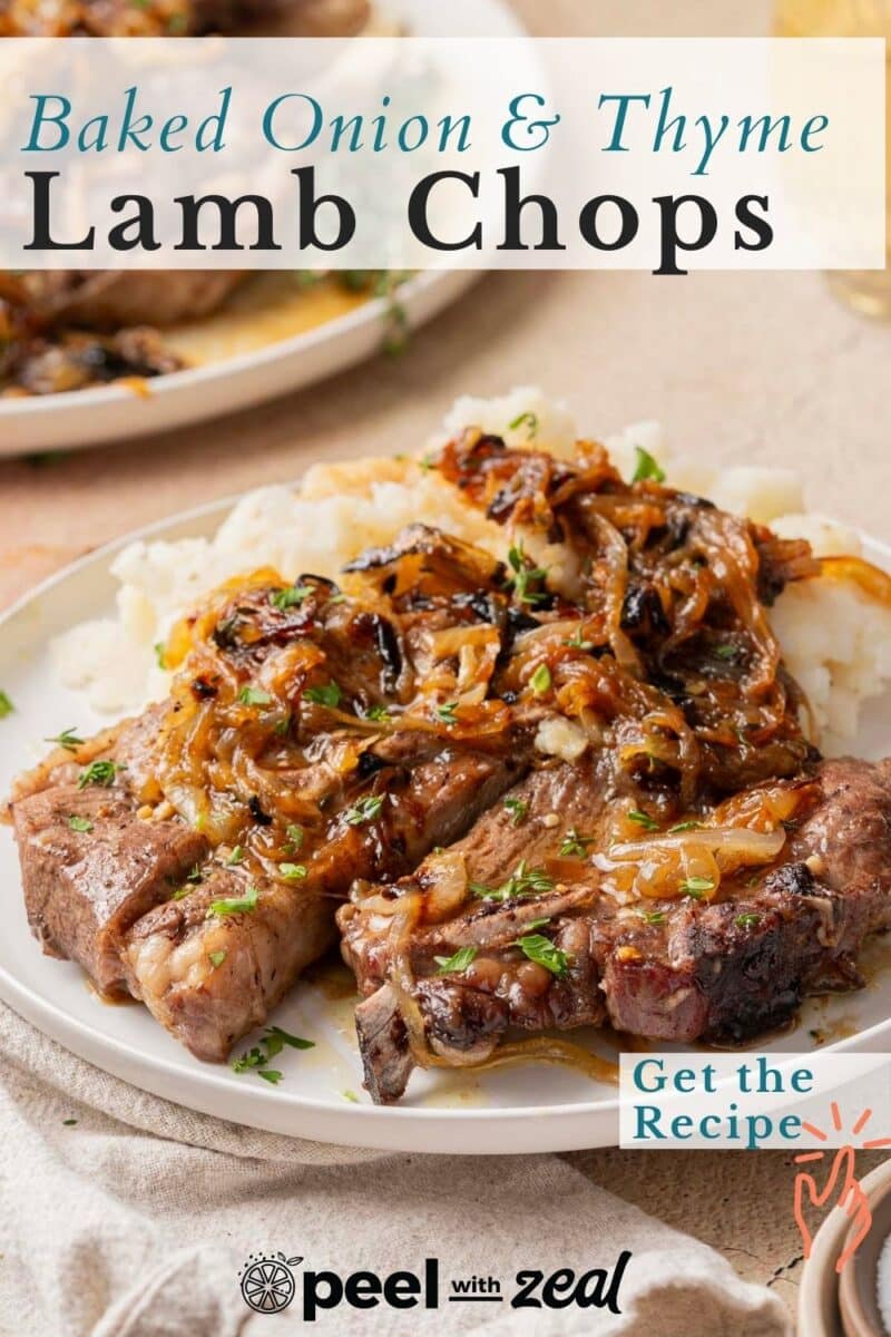 Plate of baked lamb shoulder chops topped with caramelized onions and herbs, set on a table with a "Get the Recipe" button in the corner.