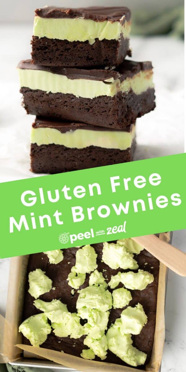 Three stacked mint chocolate brownies with green filling and a lower image showing unbaked brownies with dollops of vibrant green batter. Text overlay reads "Gluten-Free Mint Brownies" alongside a logo, promising a decadent treat for those with dietary preferences.