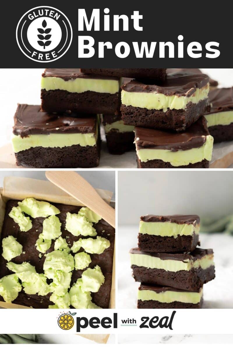 Three images of gluten-free mint chocolate brownies showcase layers of rich chocolate brownie, creamy mint frosting, and decadent chocolate ganache, all beautifully branded by "Peel with Zeal.