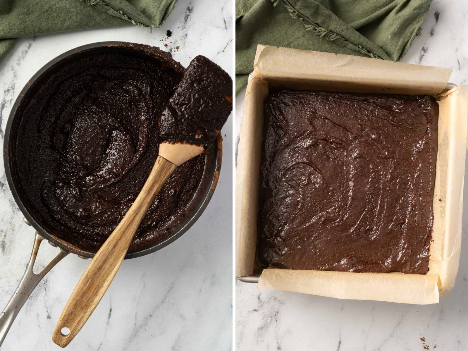 Two images: Left shows a wooden spoon stirring mint chocolate fudge in a saucepan. Right displays gluten-free fudge spread in a parchment-lined square baking pan.
