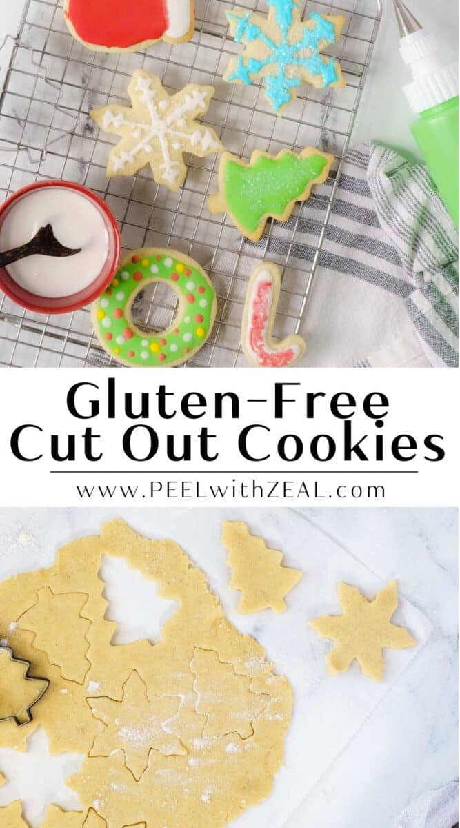 Decorated gluten-free cookies on a cooling rack, with icing and dough being cut into shapes. Text reads "Gluten-Free Cut Out Cookies www.PEELwithZEAL.com.