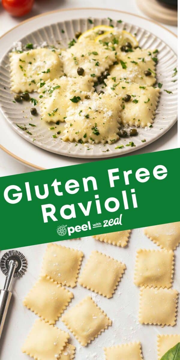 A plate of luscious gluten-free ravioli, elegantly garnished with fresh herbs and capers, sits ready to delight. Nearby, uncooked ravioli and a trusty cutter await their turn. Text reads "Gluten-Free Ravioli - peel with zeal.
