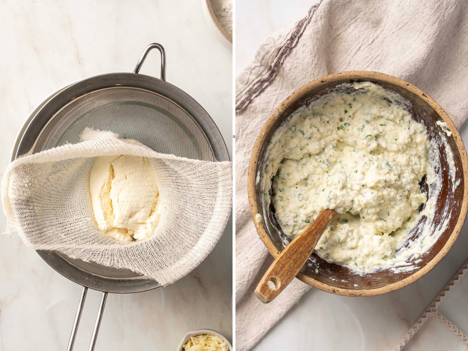 Two images: left shows ricotta cheese in a cheesecloth-lined sieve; right presents a wooden bowl with a gluten-free ricotta herb spread, perfect for enhancing homemade ravioli, complete with a wooden spoon.