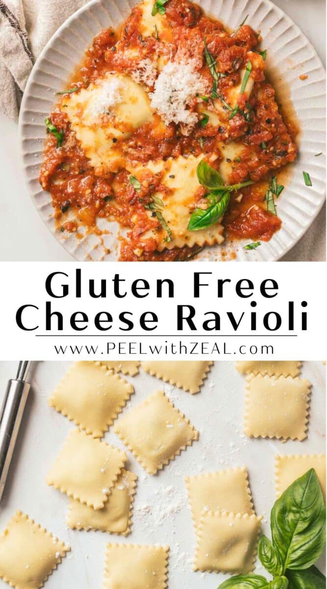 A delightful plate of gluten-free cheese ravioli smothered in rich tomato sauce and topped with fresh basil sits invitingly beside a beautiful display of uncooked ravioli, ready to be savored.