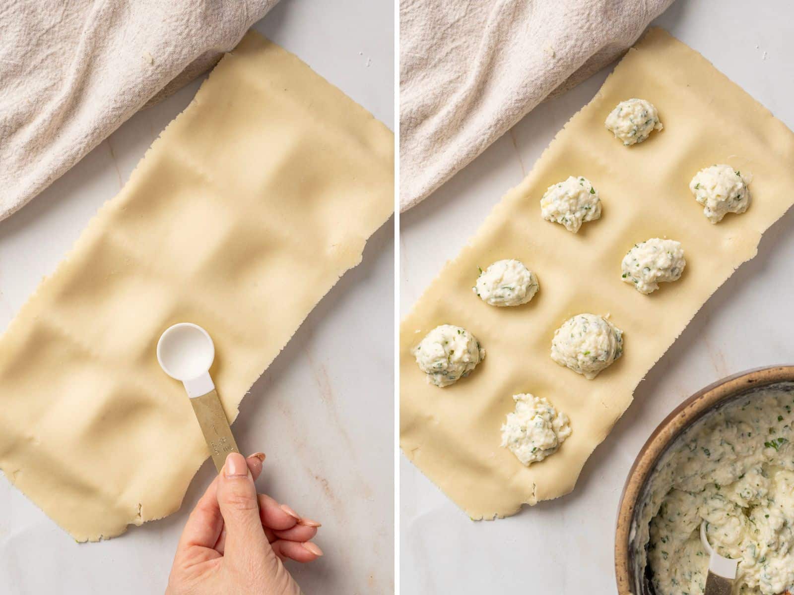 Two images: Left, pressing indents into a gluten-free pasta sheet with a spoon; Right, placing cheese filling in indents to craft delicious ravioli. A bowl of filling sits nearby.