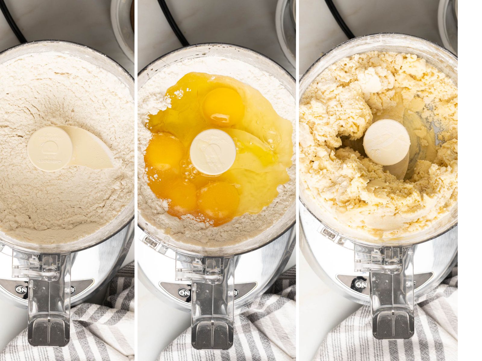 Three-part image illustrating gluten-free dough preparation in a food processor: flour, then eggs added, and finally, a mixed dough ready for ravioli.
