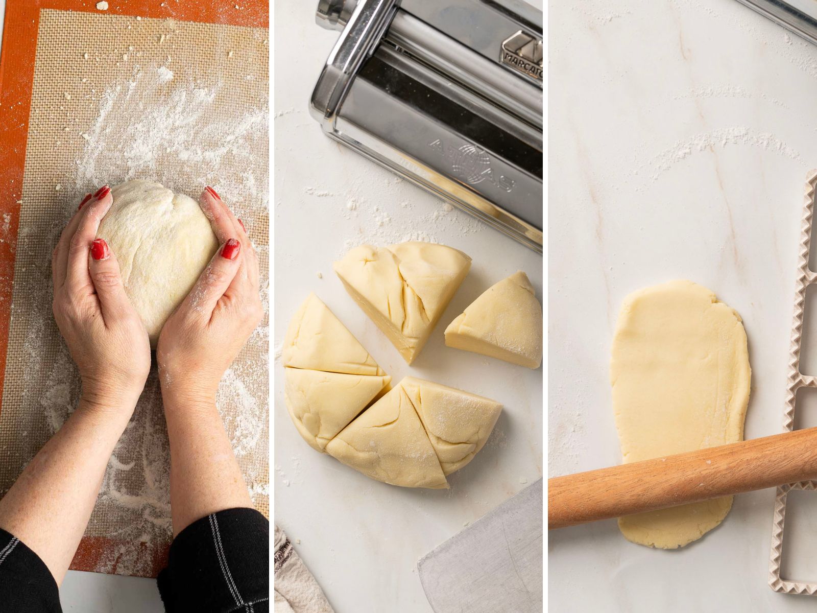 Three-step pasta-making process: hands kneading gluten-free dough, dough cut into sections beside a pasta machine, and sheets being rolled out with a rolling pin for perfect ravioli.