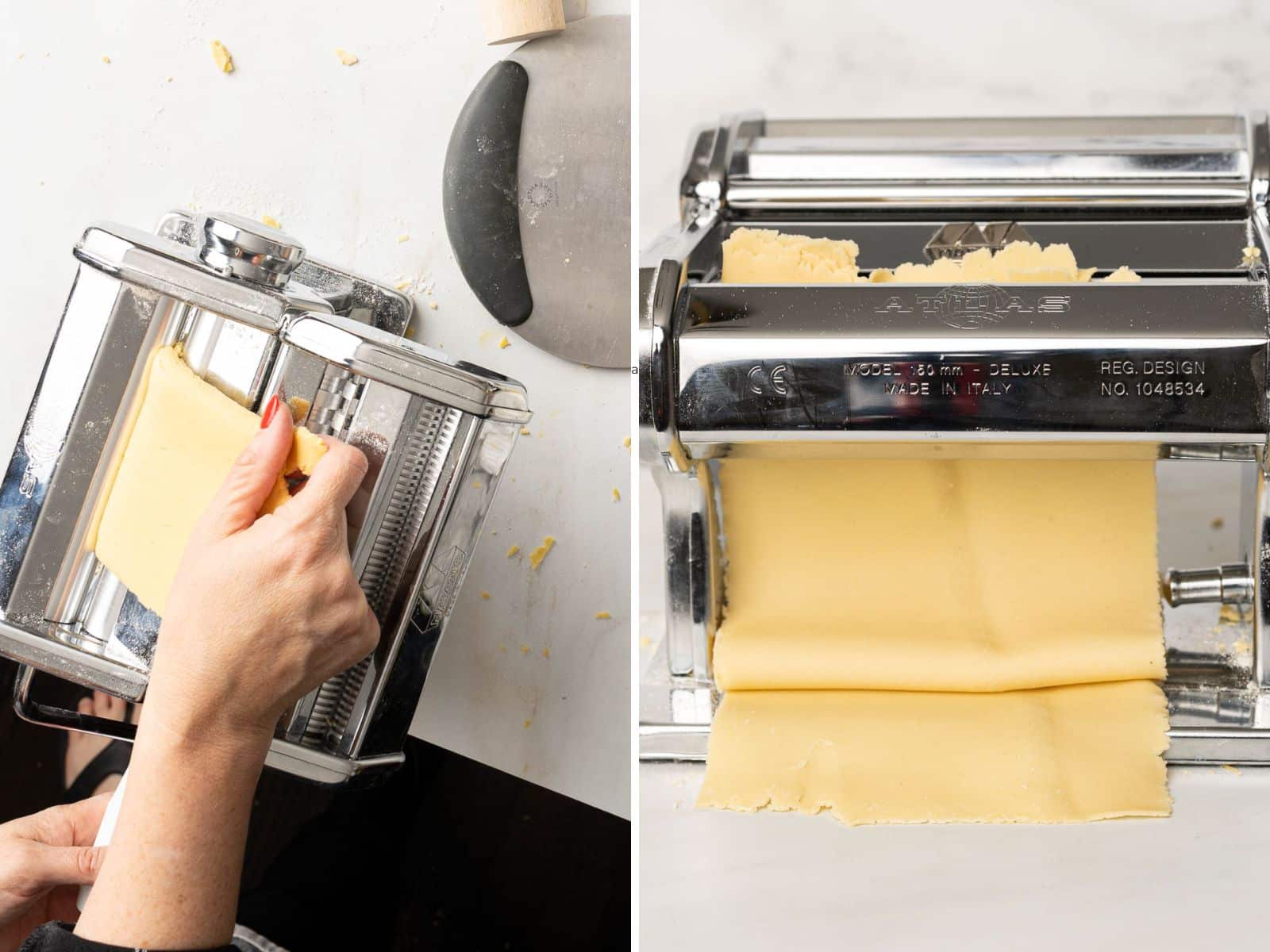 Close-up of a person using a manual pasta maker, rolling out thin sheets of gluten-free dough on a white countertop, perfect for crafting delicious ravioli.