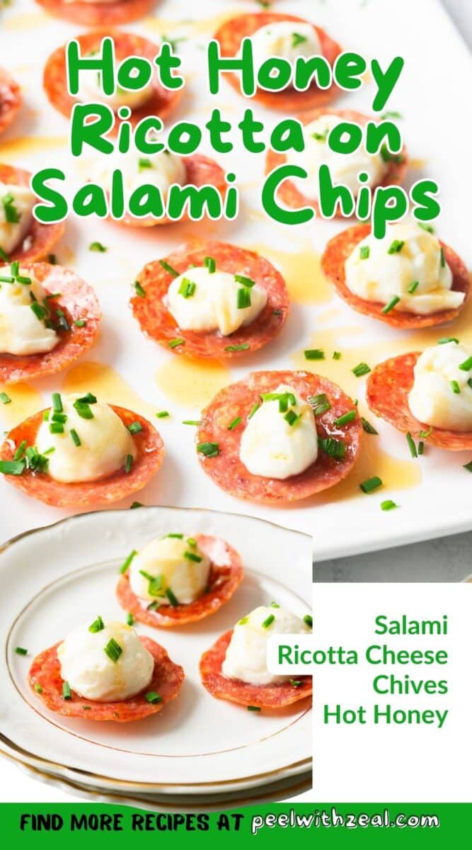 A platter of salami chips topped with ricotta cheese, chives, and hot honey. A small serving is on a separate plate.