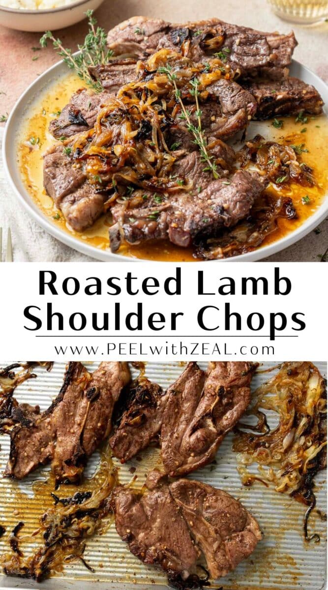 A rustic serving tray presents a plate of baked lamb shoulder chops with caramelized onions and herbs. Below, find the lamb shoulder chops recipe and website link for an unforgettable culinary experience.