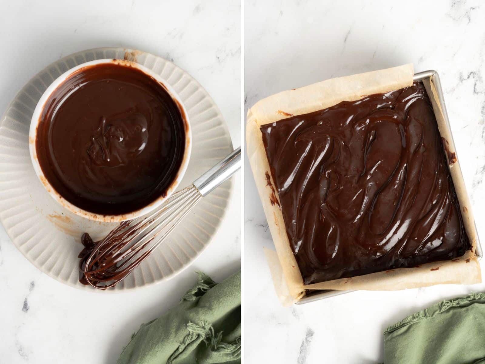 Two images: left shows a bowl of melted mint chocolate with a whisk on a plate; right showcases gluten-free brownies spread in a parchment-lined square pan. A green cloth is partially visible.
