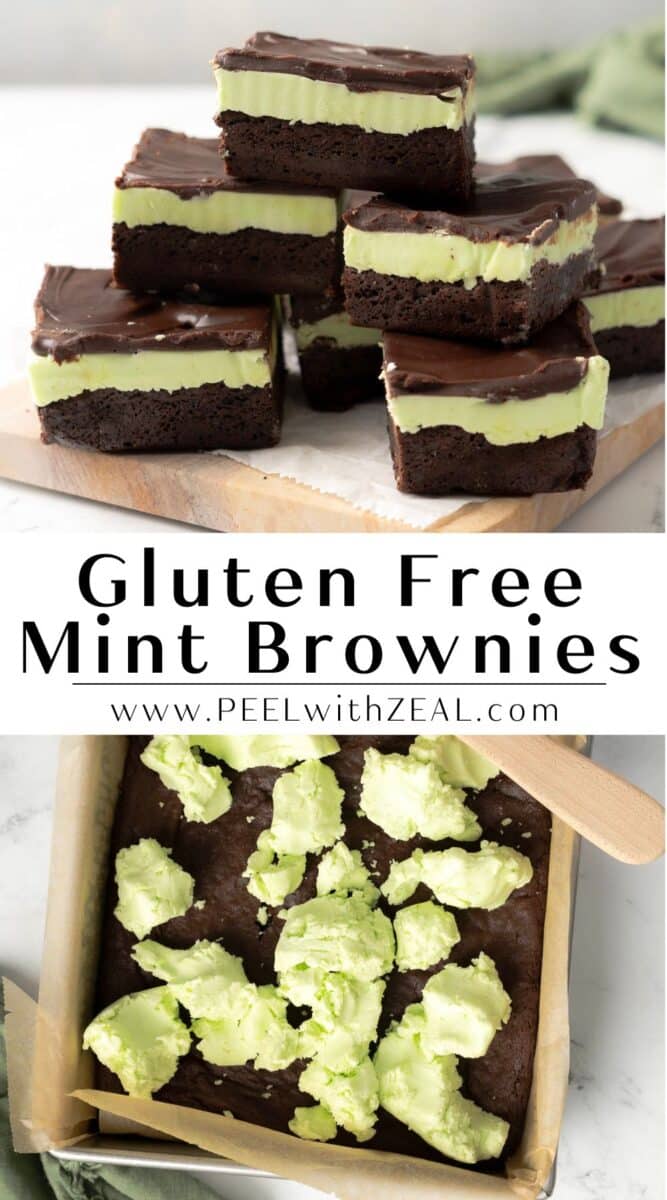 Stacked gluten-free mint chocolate brownies with a luscious topping, alongside a snapshot of batter swirled with mint filling on parchment paper.
