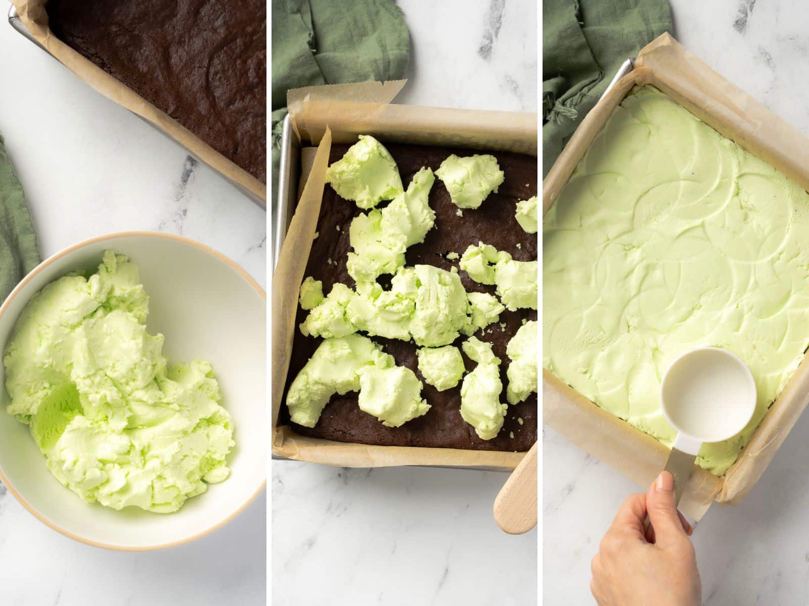 A three-step process for creating gluten-free mint chocolate brownies. First image: brownie layer. Second image: mint frosting added. Third image: frosting spread evenly.