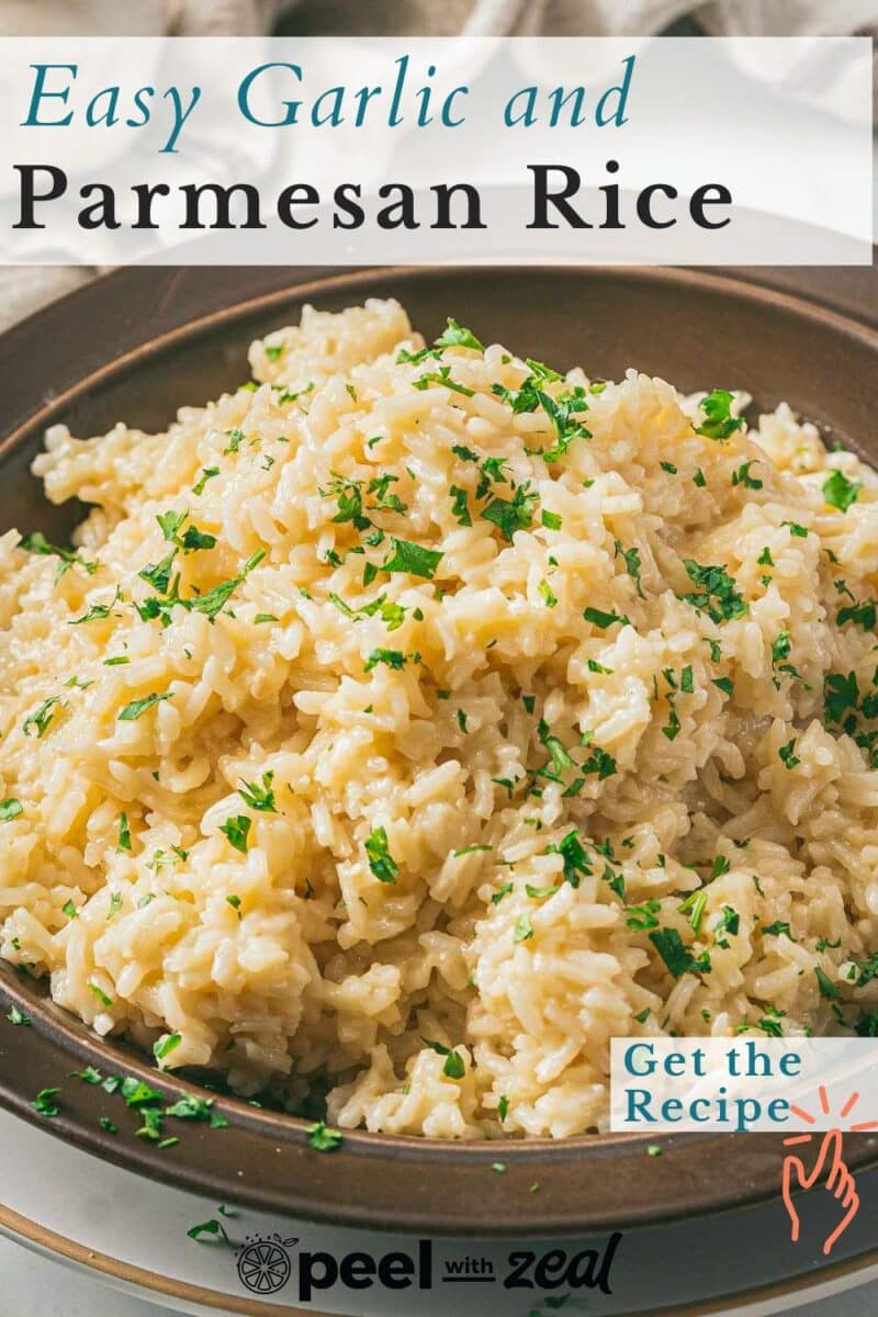 A bowl of garlic and parmesan rice garnished with chopped herbs. Text on the image reads "Easy Garlic and Parmesan Rice" and "Get the Recipe.