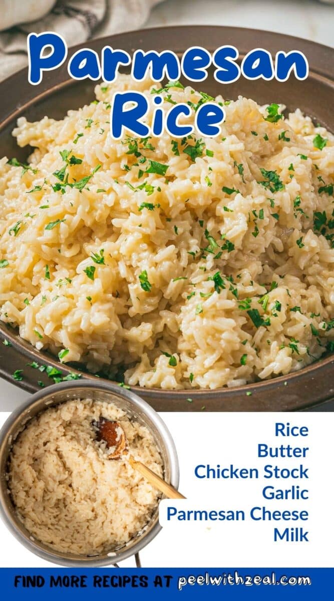 A bowl filled with Parmesan rice garnished with herbs. Ingredients listed: rice, butter, chicken stock, garlic, Parmesan cheese, milk.