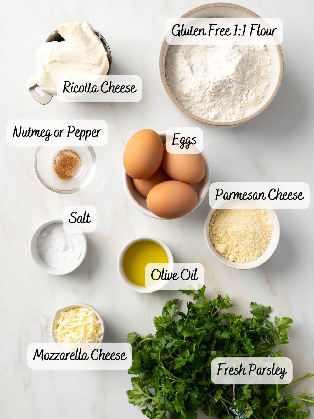 Labeled ingredients on a countertop for gluten-free ravioli: gluten-free flour, ricotta cheese, eggs, parmesan cheese, mozzarella, olive oil, nutmeg or pepper, salt, and fresh parsley.