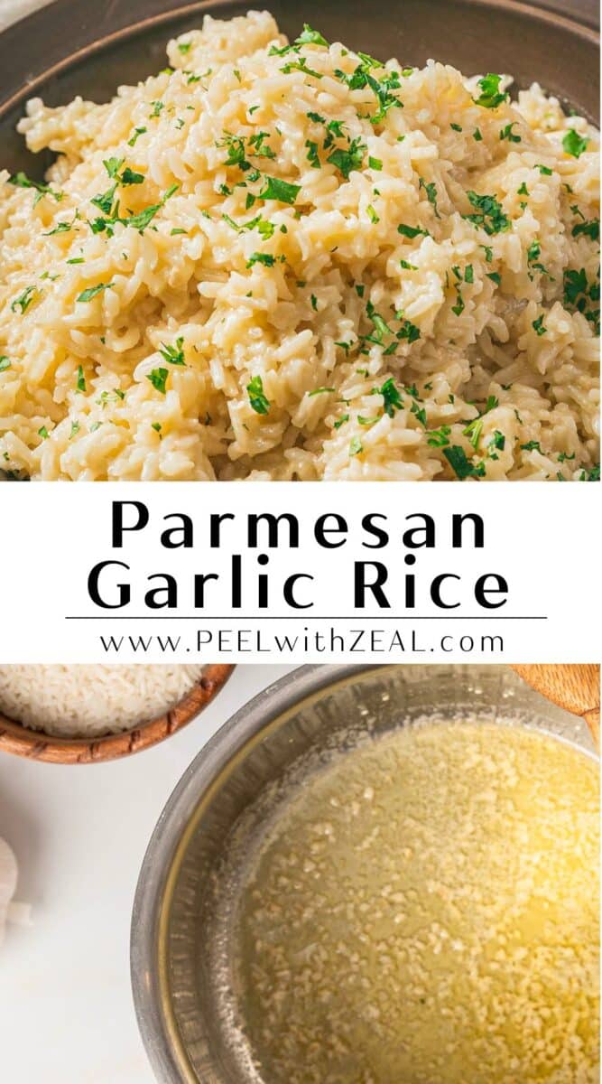 A dish of Parmesan garlic rice garnished with parsley next to a metal pot with rice cooking in broth.