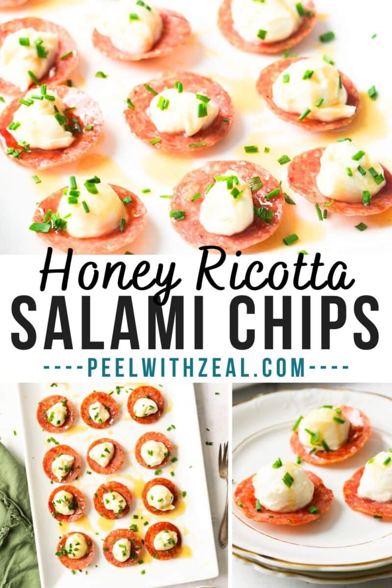 Salami chips topped with honey ricotta and chopped chives, displayed on a white plate. .