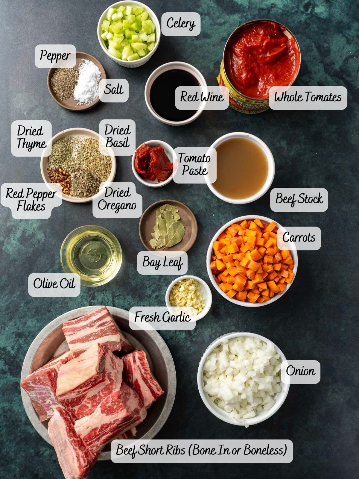 Ingredients for a savory stew recipe are arranged on a table, featuring braised short ribs, onions, carrots, celery, tomato products, spices, olive oil, beef stock, red wine, and fresh garlic.