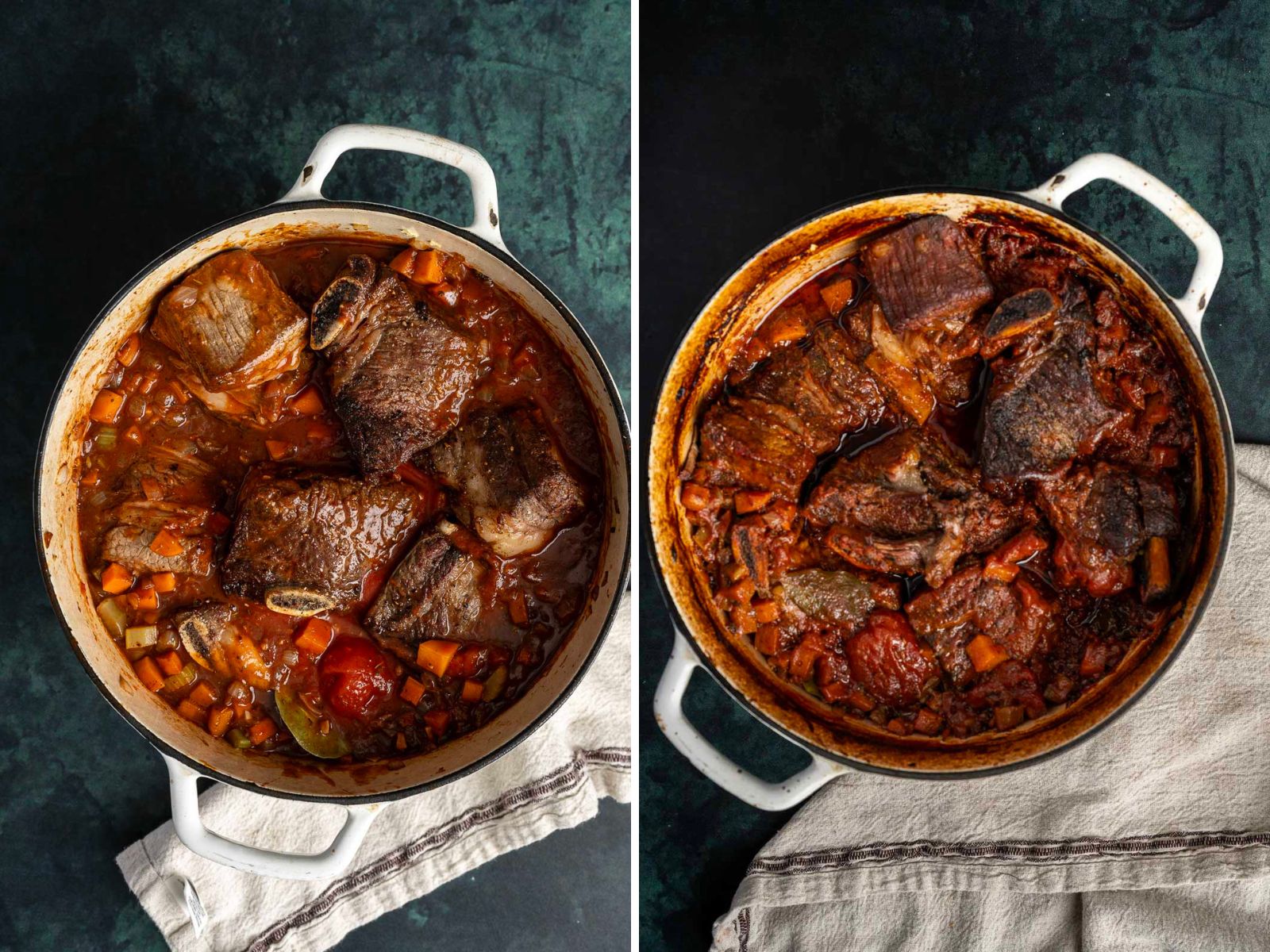 Two images of a pot containing beef short ribs cooked in a tomato-based sauce with vegetables. The left shows the dish before cooking, and the right shows it after cooking. A cloth lies beside the pot.