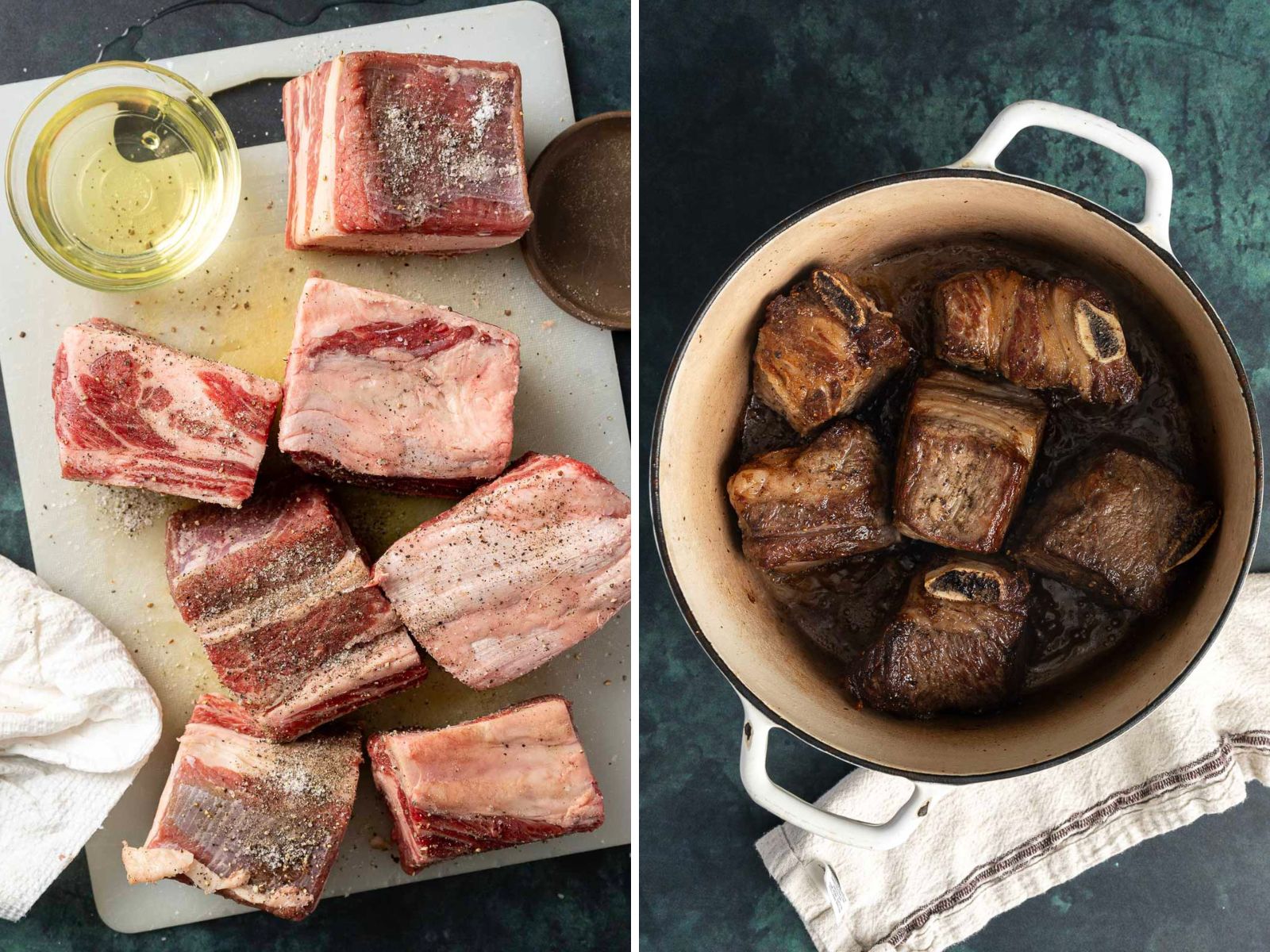 Raw seasoned beef short ribs on a cutting board next to cooked short ribs in a pot.
