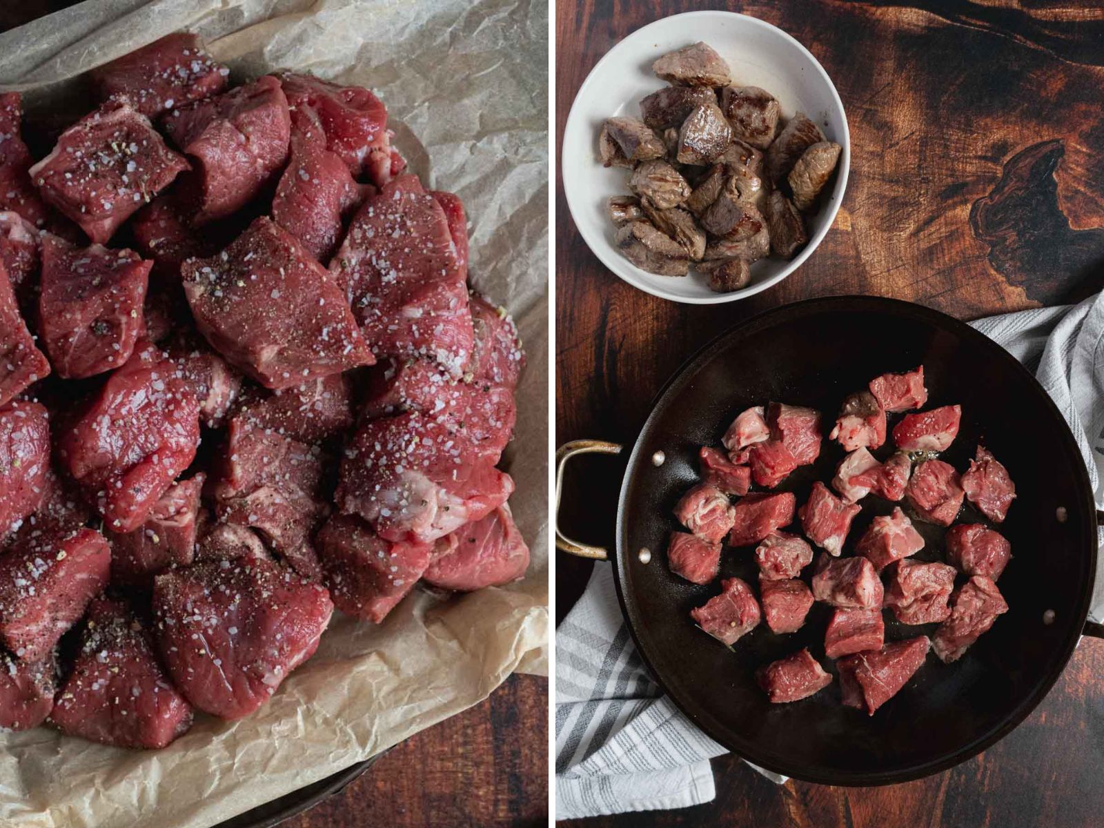 Raw seasoned beef cubes on parchment sit alongside cooked steak bites in a bowl and sautéing pan, all presented on a dark wooden surface. This appetizing dish pairs perfectly with a rich blue cheese sauce for an irresistible flavor experience.
